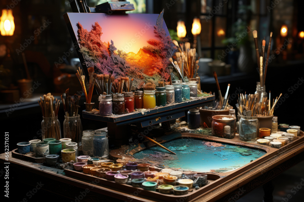 Poster a painter's palette with evolving colors, depicting progress in art and creative expression. concept