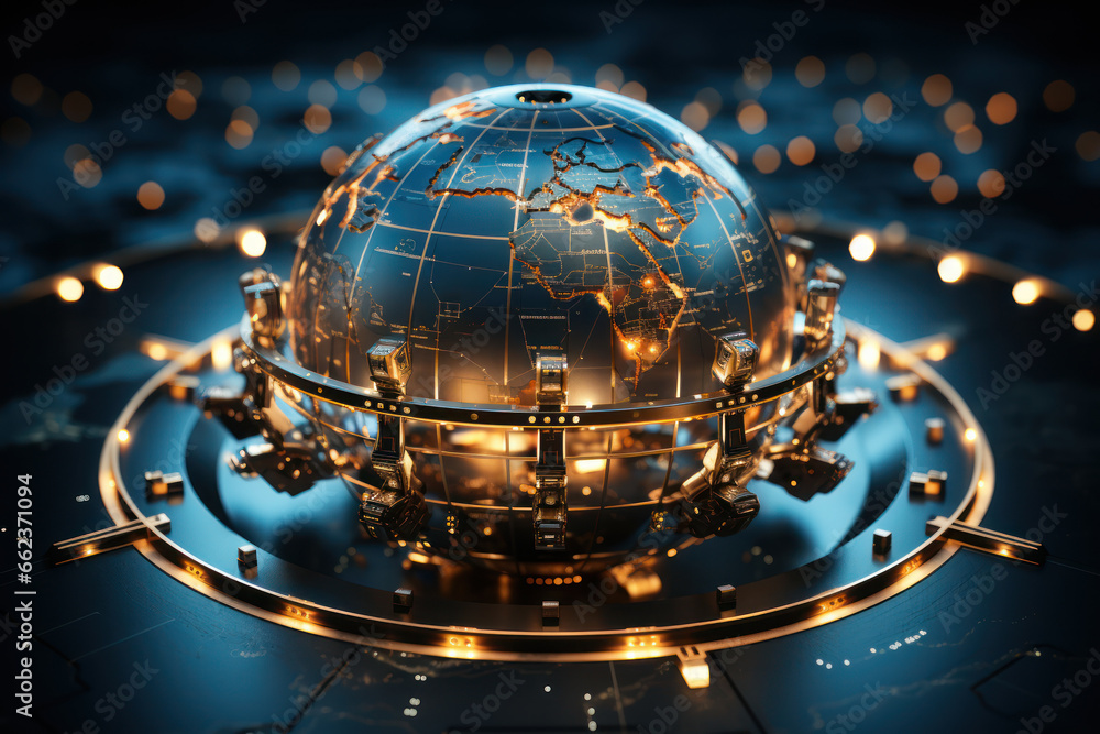 Poster a globe with interconnected arrows, symbolizing global progress and cooperation for a better future.