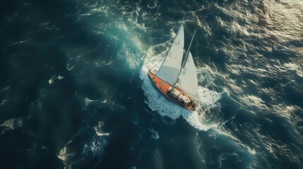 Obraz premium Aerial view of a sailboat struggling against a stormy sea.