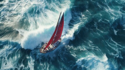 Aerial view of a sailboat struggling against a stormy sea. - obrazy, fototapety, plakaty