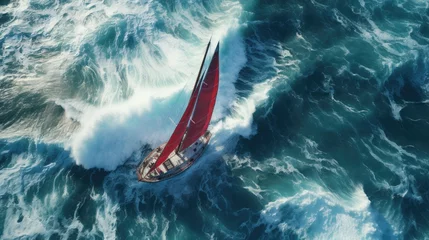 Rolgordijnen Aerial view of a sailboat struggling against a stormy sea. © kept