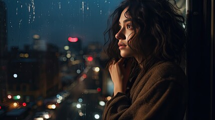 A woman looks out the window, admiring the view of the city at dusk.