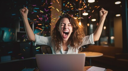 A joyful image of a young woman celebrating in front of her computer.