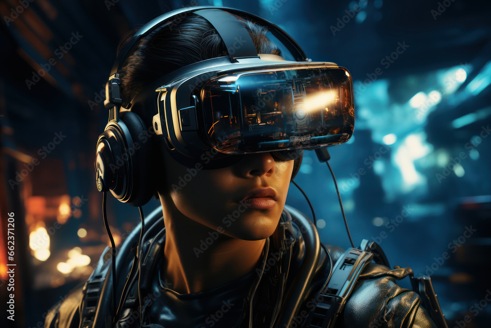 Poster a virtual reality headset worn by a gamer, blurring the lines between real and digital worlds. conce