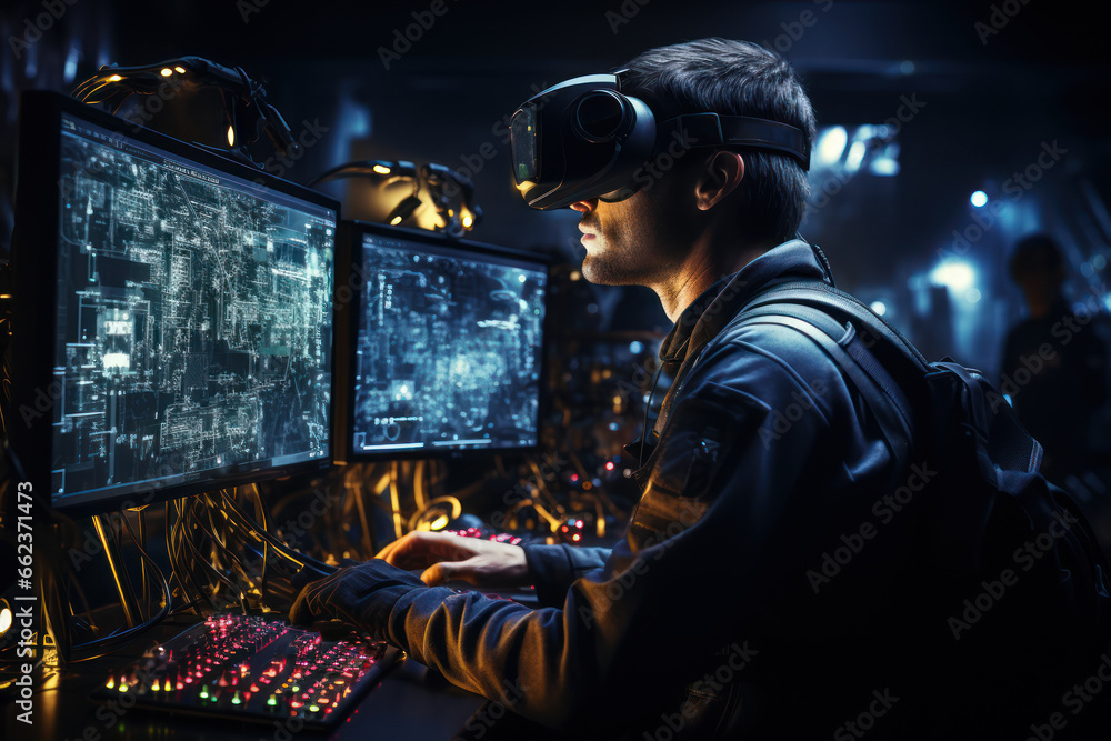 Poster a person exploring the virtual world of a computer simulation, blurring the boundaries between reali