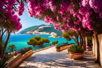 Beautiful resort promenade with blooming colorful oleanders