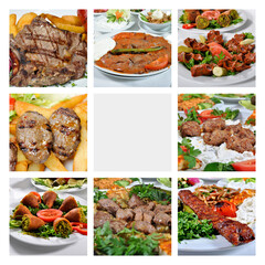 Flyer and brochure for Turkish kebab restaurants, Turkish kebab varieties collage, transparent kebab brochure design