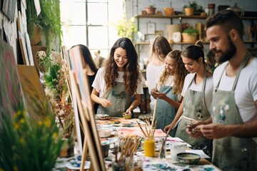 group of adults in painting class