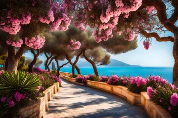 Beautiful resort seaside promenade with blooming colorful