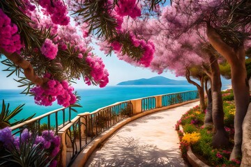 Beautiful  resort promenade with blooming colorful oleanders
