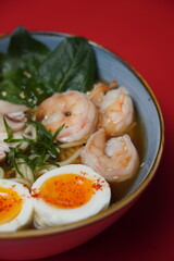 ramen with egg and shrimp, asian food, mushrooms