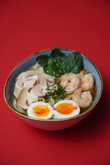 ramen with egg and shrimp, asian food, mushrooms