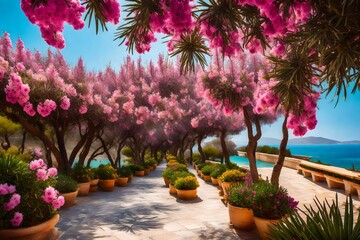 Beautiful resort promenade with blooming colorful oleanders