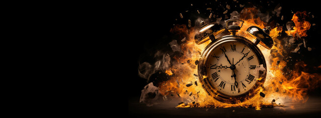 cover of dramatic exlpoding ticking alarm clock in fiery flame with black background with copy space. Generative AI