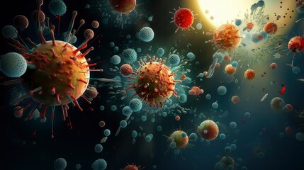 Naklejka na ściany i meble Virus inside human body surrounded with another cells. Generative AI