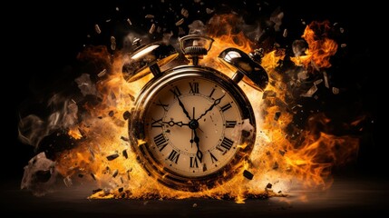 Obraz na płótnie Canvas dramatic exlpoding ticking alarm clock in fiery flame with black background. Generative AI