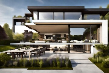View of luxurious modern house exterior with dining space and garden