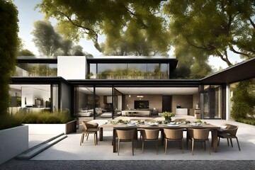 View of luxurious modern house exterior with dining space and garden