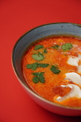 tom yum with rice and mushrooms, spicy soup, asian food