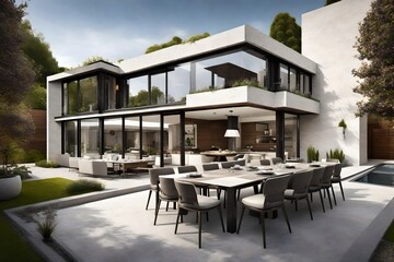 View of luxurious modern house exterior with dining space and garden
