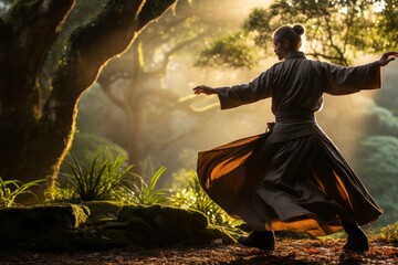 A serene scene of a person practicing tai chi in a tranquil botanical garden, with graceful movements and a sense of inner peace, illustrating the connection between holistic health and nature - obrazy, fototapety, plakaty