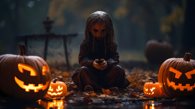 Spooky Halloween creature with pumpkins at night