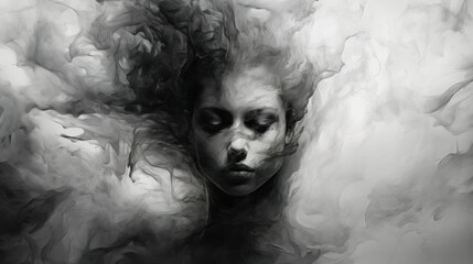 Deppresive and anxiety with abstract fading away like smoke style of painting portrait of a Female in Monochrome Color, Generative AI