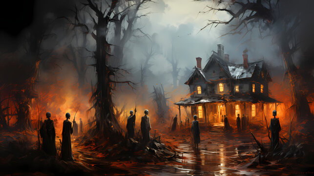 Halloween creatures in a forest at night