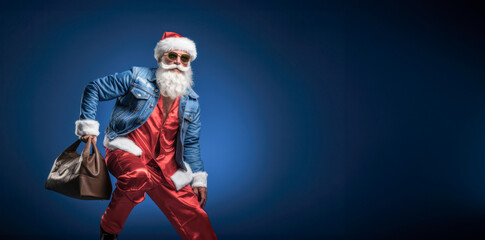 Fototapeta na wymiar Santa Claus rocking trendy denim and fitted shirt, striking a casual yet stylish pose, dark blue background 