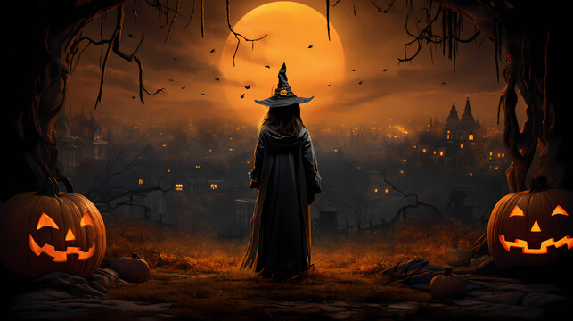 Halloween witch with pumpkins