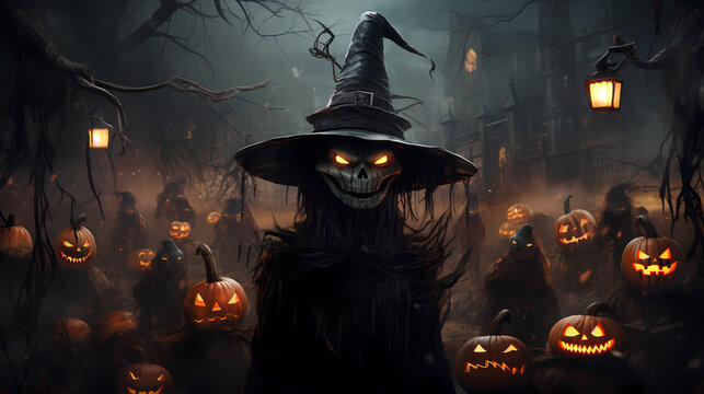 Spooky Halloween creature with pumpkins at night