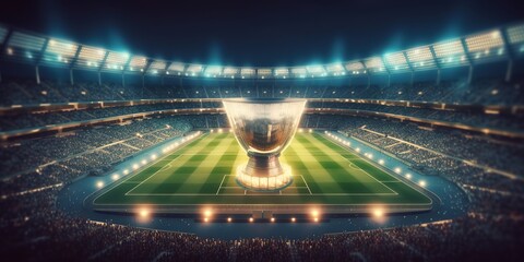 large and luxurious trophy in the photo on the background of a football stadium. generative AI