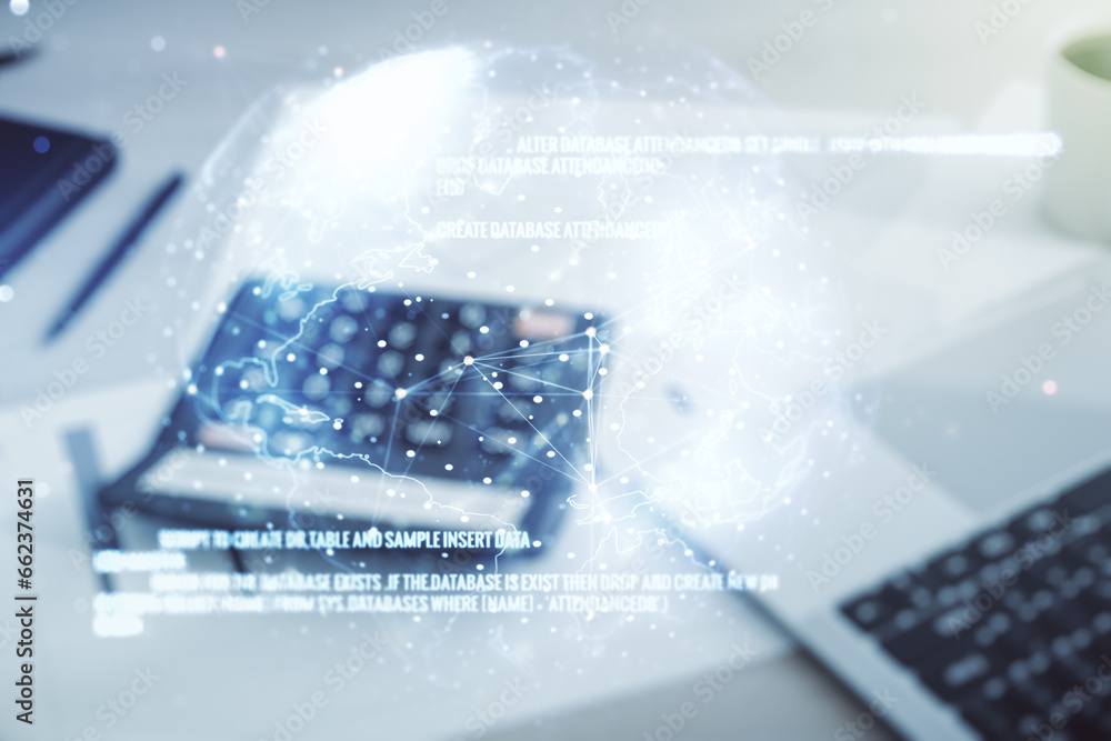 Poster multi exposure of abstract software development hologram and world map on blurry calculator with lap