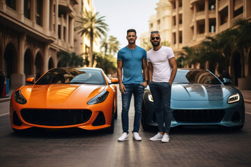 Men show off with their sports cars in the city.