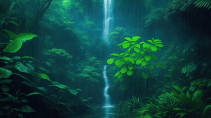 waterfall in fog forest