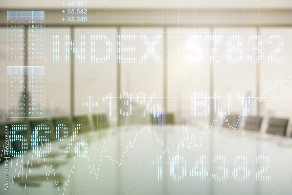 Poster multi exposure of virtual abstract financial graph interface on a modern coworking room background, 