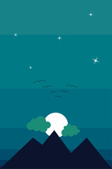 illustrazione grafica raffigurante il sorgere della luna con nuvole e uccellini - obrazy, fototapety, plakaty