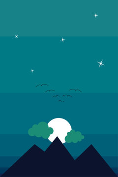 illustrazione grafica raffigurante il sorgere della luna con nuvole e uccellini
