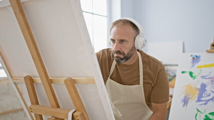 Fototapeta premium Young man artist listening to music drawing at art studio