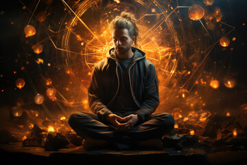 A person in a meditative pose surrounded by quantum symbols, exploring the idea of inner consciousness. Generative Ai.