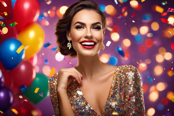 beautiful sensual woman in festive attire with blur balloon background, photorealistic, birthday celebration, joyful expression, elegant dress, vibrant makeup, front view, indoor setting, color