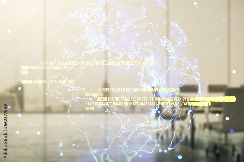 Poster multi exposure of abstract programming language hologram and world map on a modern furnished office 