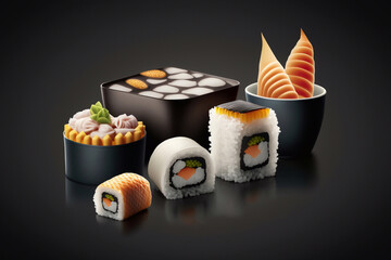 Sushi on a black background in an artistic interpretation. Generative AI.