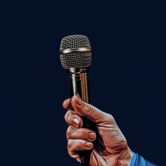 Hand holding a mic before performing on stage, with a plain elegant background, good for business, presenters, artists, singers, events, shows etc. Generative Ai Image
