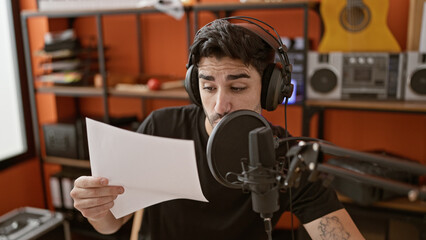 Young hispanic man musician sitting on table singing song at music studio