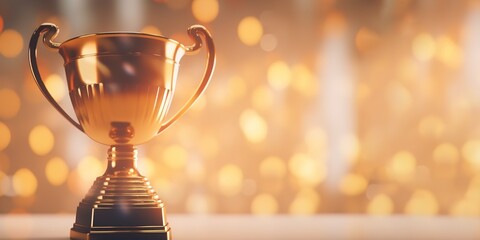 Gold colored trophy cup with blurred golden light background. Generative AI