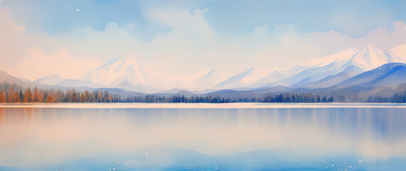 Obraz premium Landscape of a frozen lake, a forest in the middle ground and mountains in the distance with ice peaks, Generative AI.