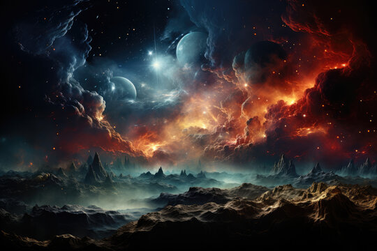 A cosmic tapestry where the vibrational frequencies of each universe give rise to diverse and extraordinary phenomena. Generative Ai. - Powered by Adobe