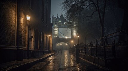 Photograph medieval London dark rain fog dramata Ai generated art