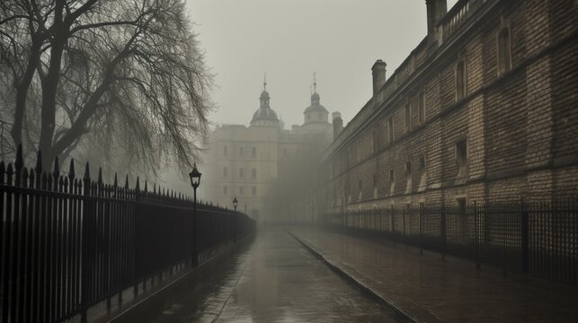 Photograph medieval london dark rain fog dramat Ai generated art
